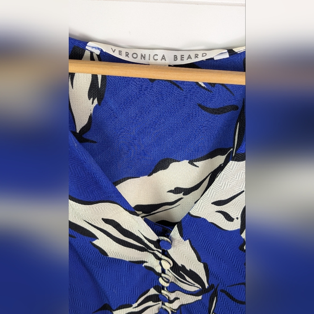 Veronica Beard Silk Blend Blue Floral Milan 3/4 Puff Sleeve V-Neck Blouse L - Picture 4 of 10